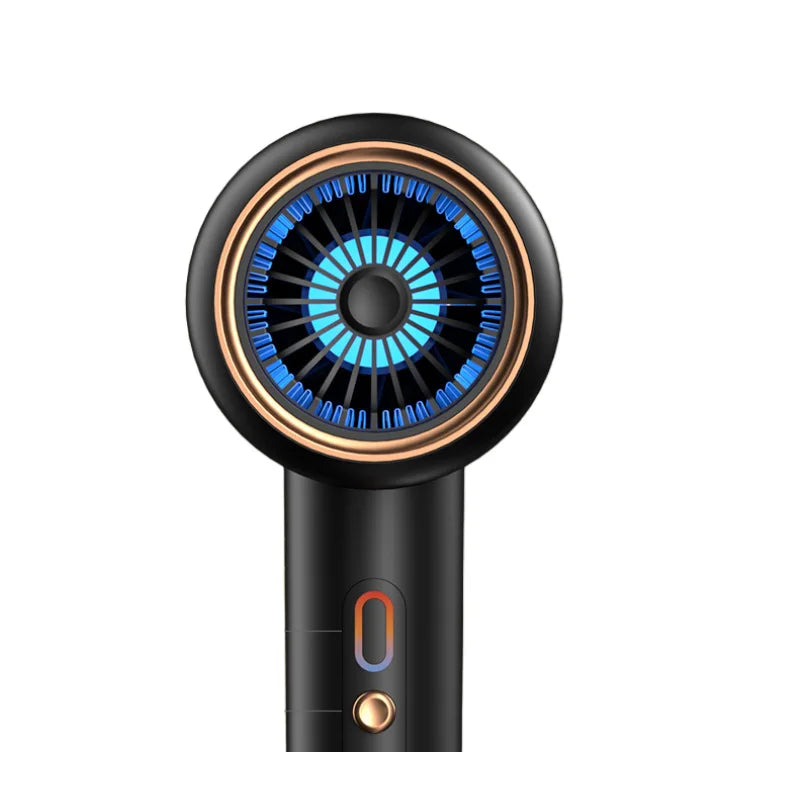 Black and gold high-speed ionic hair dryer with blue light technology and sleek modern design for professional salon use.