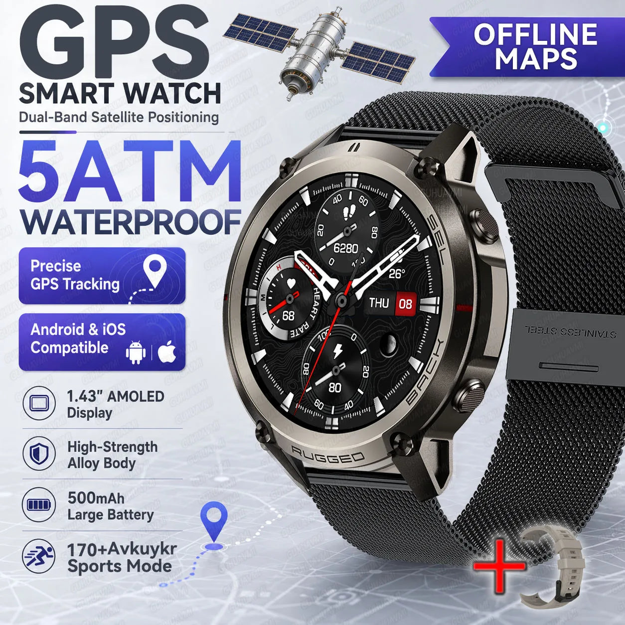 Round GPS smartwatch with black mesh strap and silver case; black AMOLED sports dial.