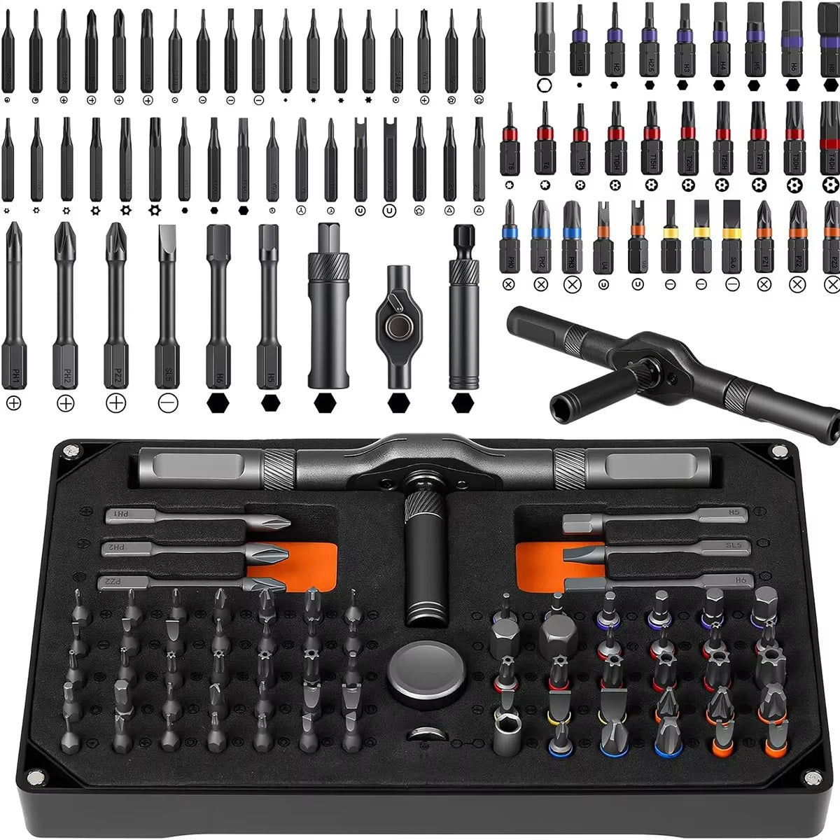 74 In 1 Ratchet Screwdriver Set Magnetic Precision Bit Kit Detachable T Handle Portable Repair Tool for Phone Laptop Computer Eyeglasses Bicycle Electronics DIY Home Maintenance Multi Function Hand Tools Torx Hex Phillips Scr