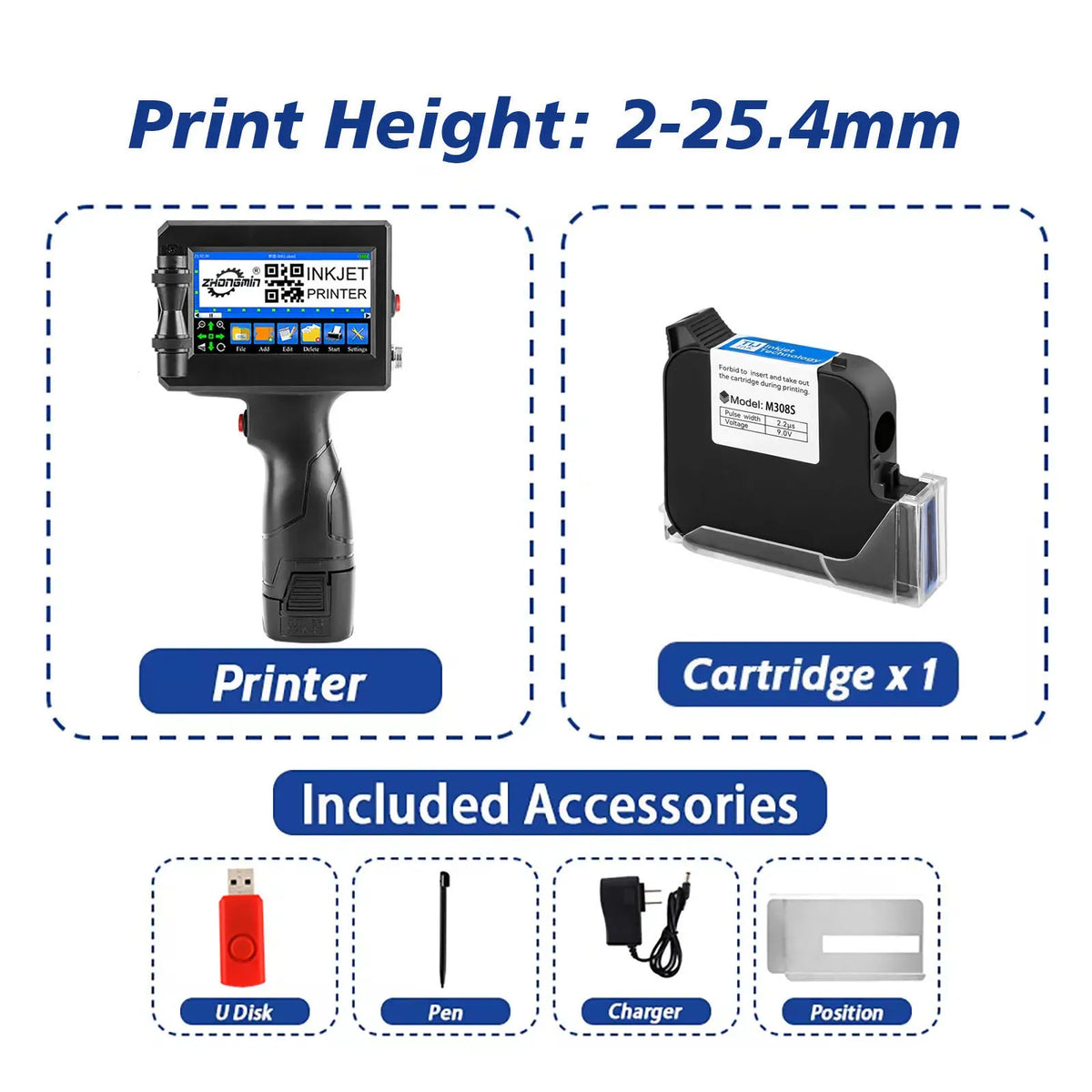 Handheld inkjet printer with cartridge x1 and included accessories shown