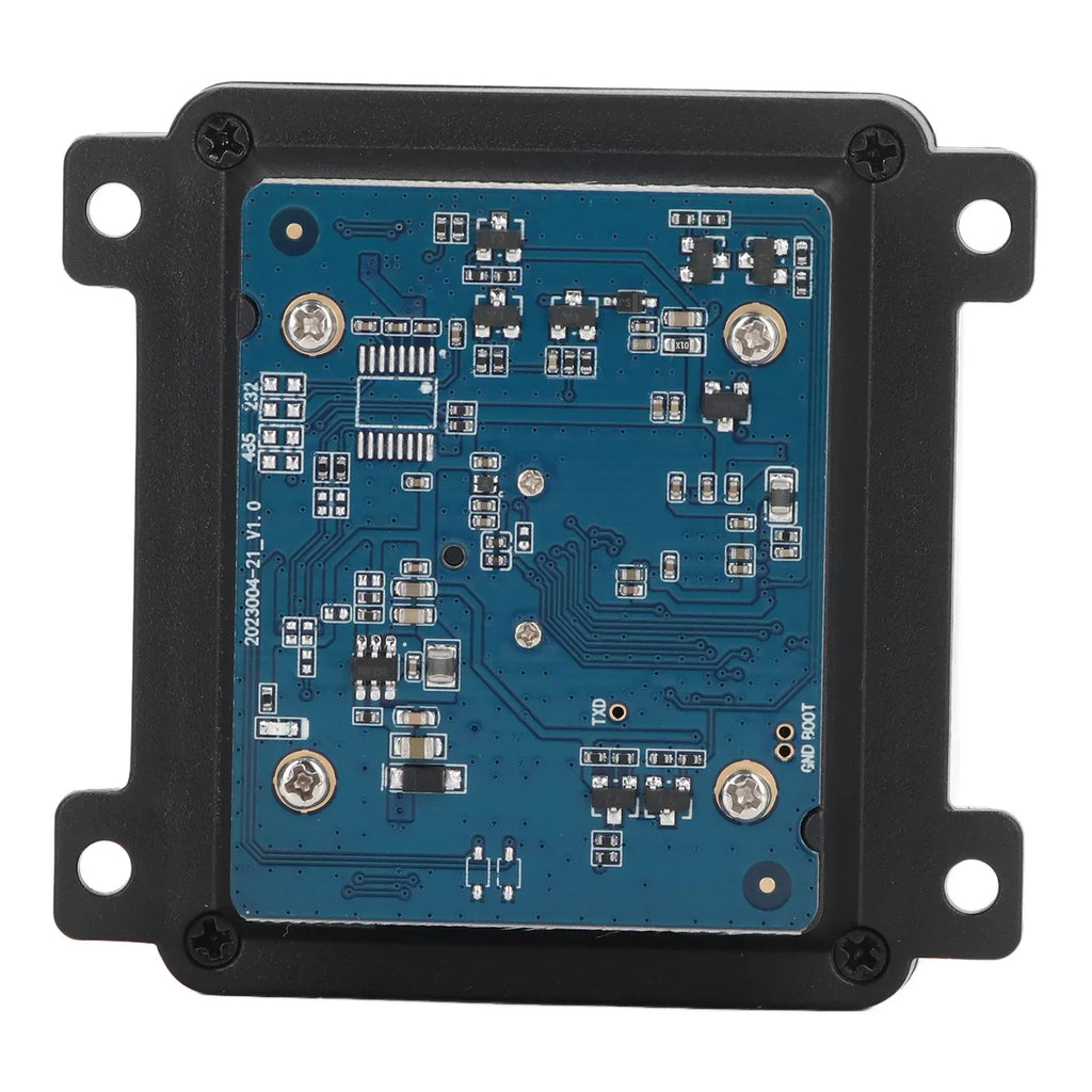 Black barcode reader module PCB with blue circuit board and mounting screws