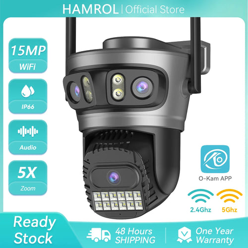 Outdoor PTZ surveillance camera with two antennas, three-lens module, and LED spotlight