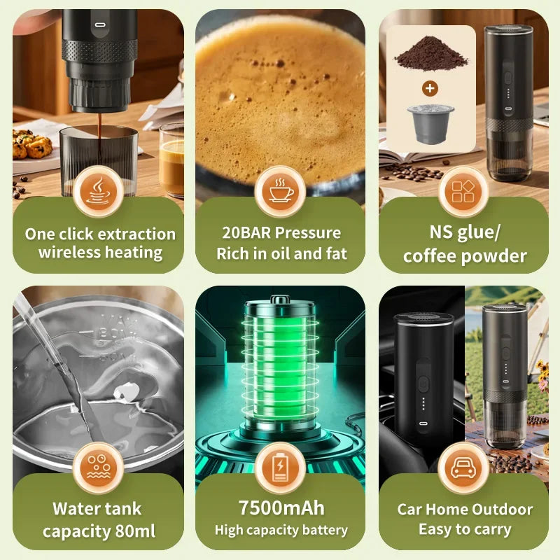 Black portable electric espresso maker with 20-bar pressure, 80ml water tank, and 7500mAh rechargeable battery.