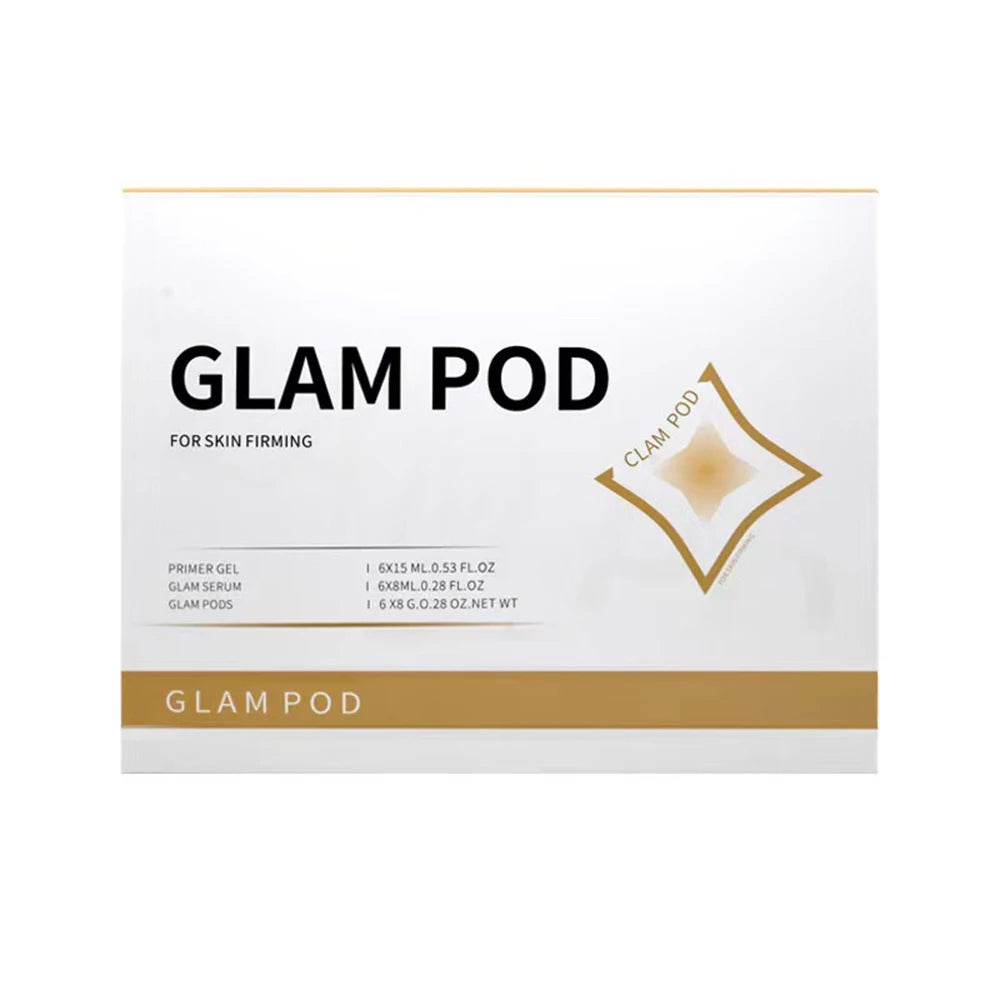 Glam Pod skin firming oxygen facial kit box with serum, primer gel, and pods for oxygen bubble rejuvenation therapy.