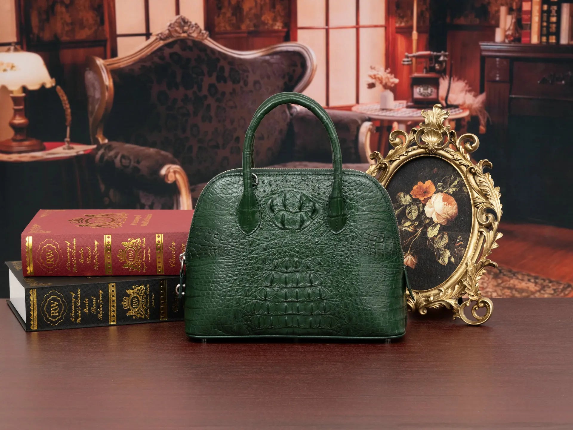 2024 Large Crocodile Leather Women's Bag Fashion Bowling Lady Handbag Genuine Leather Shuolder Crossbody Bag Travel Shell Bag 45