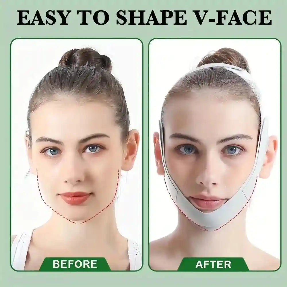 Before and after comparison of a woman wearing a light gray V-line face slimming bandage strap.