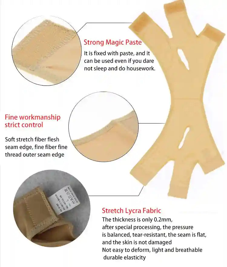 Beige elastic face-slimming strap with hook-and-loop fasteners and ear cutouts, shown with fabric detail inserts.