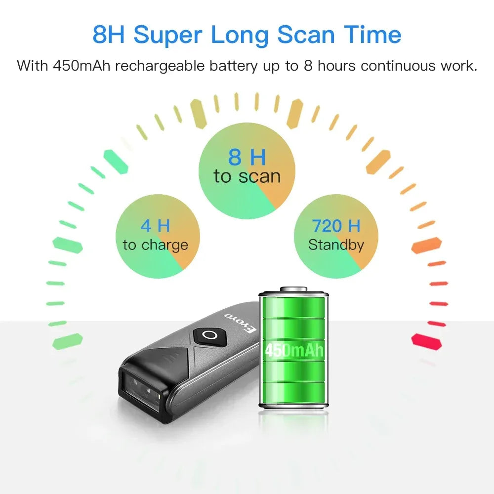 Dark barcode scanner with 450mAh battery icon and 8H scan-time indicator