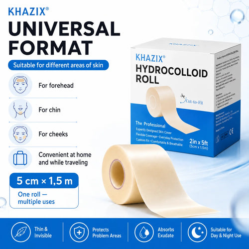 KHAZIX universal hydrocolloid roll box with beige roll of cut-to-fit acne patches