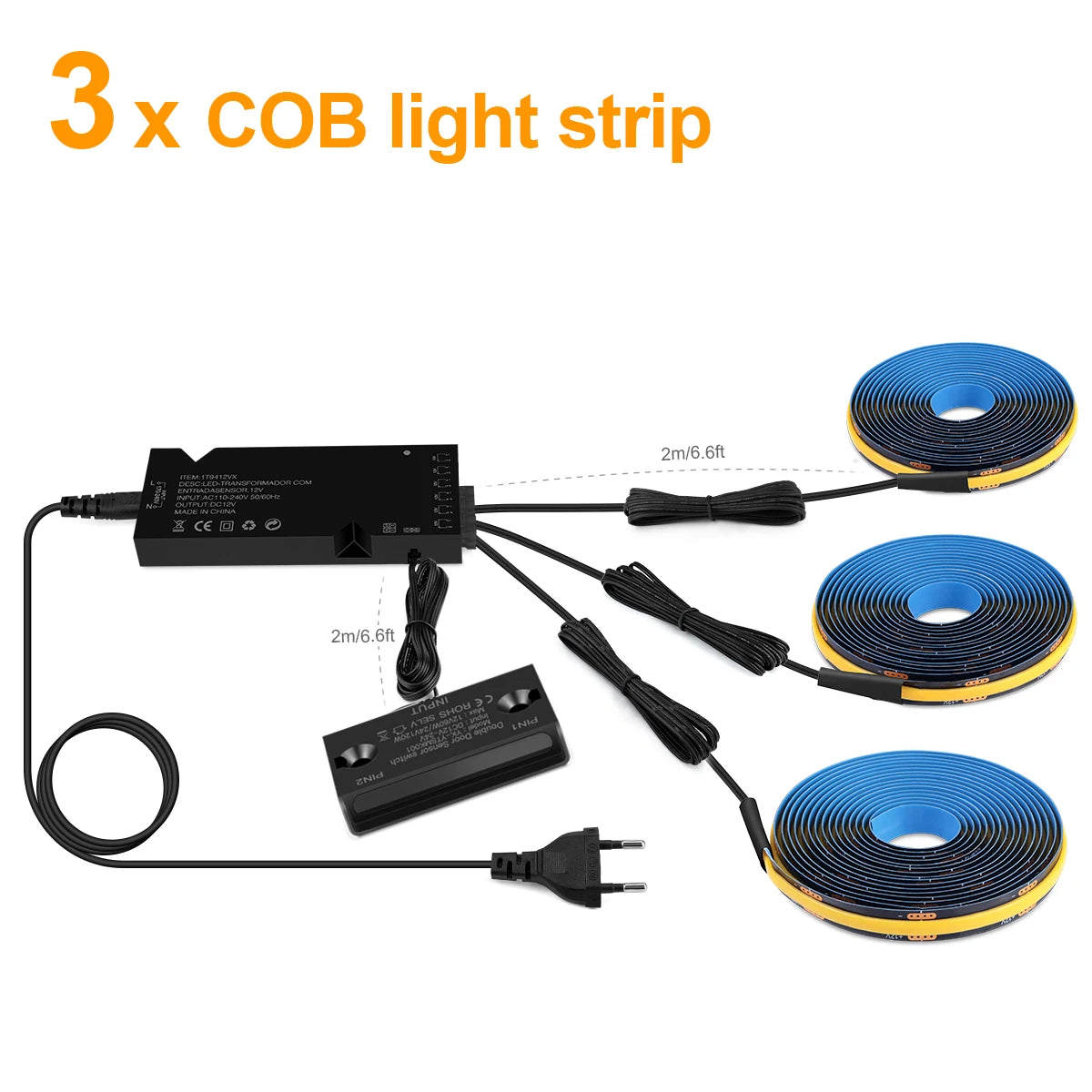 COB LED light strip kit with black controller, blue strips, wiring and plug (3 strips)