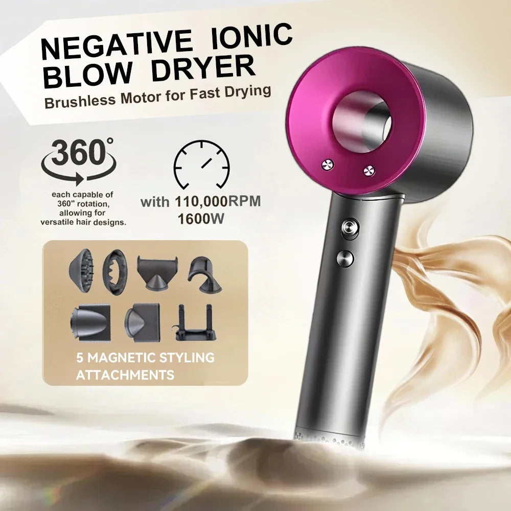Grey and pink bladeless negative ionic hair dryer with 5 magnetic styling attachments for fast, silent drying.