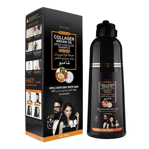 Black hair dye shampoo with collagen and argan oil, 500ml bottle. Professional hair care alternative to shampoo bars.