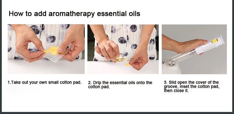Steps to add essential oils to a nano ionic face steamer, showing cotton pad placement for aromatherapy skin care.