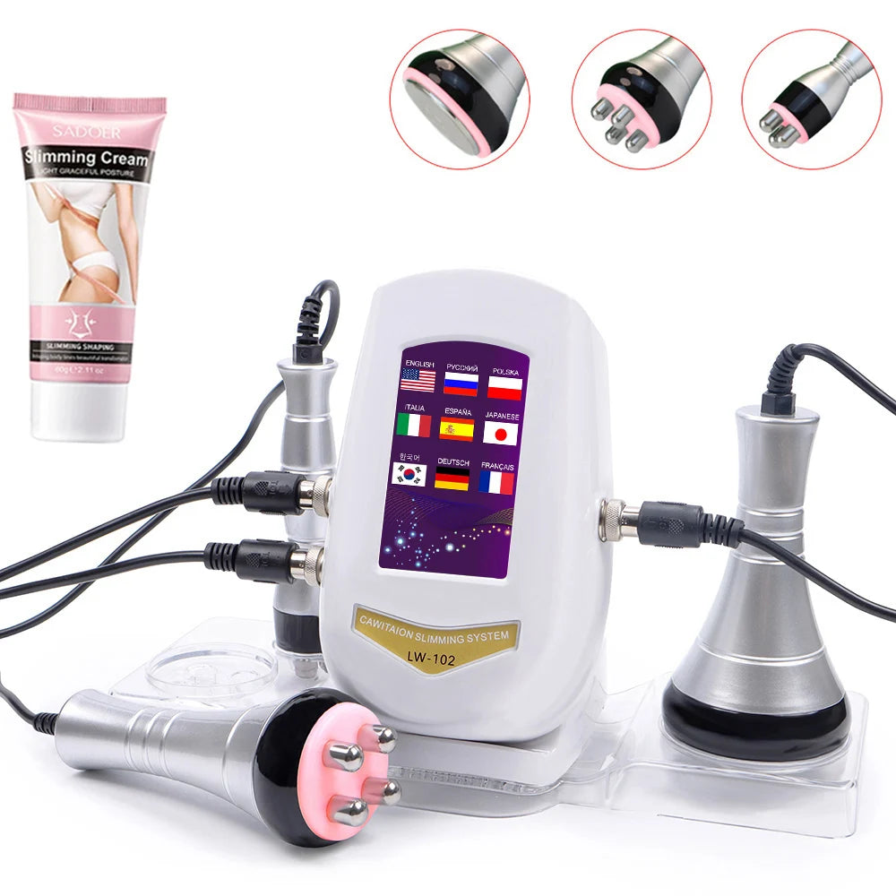 White ultrasonic slimming machine with touch screen, multiple attachments, and a tube of slimming cream.