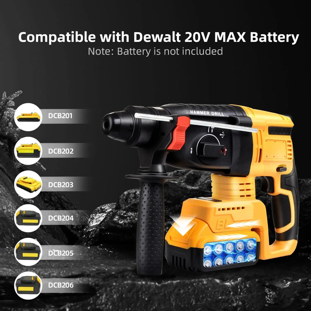 Brushless Cordless Rotary Hammer Drill 3-in-1 Heavy Duty Electric Demolition Hammer Impact Drill Concrete Breaker Chisel Power Tool High Power SDS Plus Compatible Lithium Battery