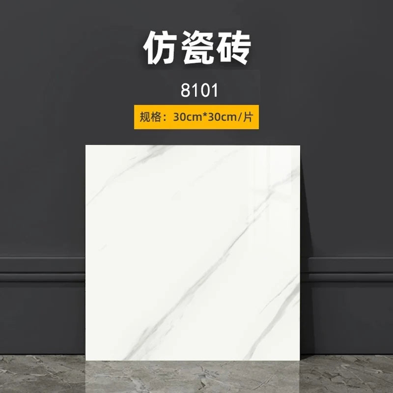 Light white marble-look self-adhesive tile wall sticker with faint diagonal gray lines.