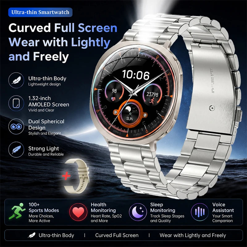 Curved-screen smartwatch with round display and silver metal bracelet, front view.