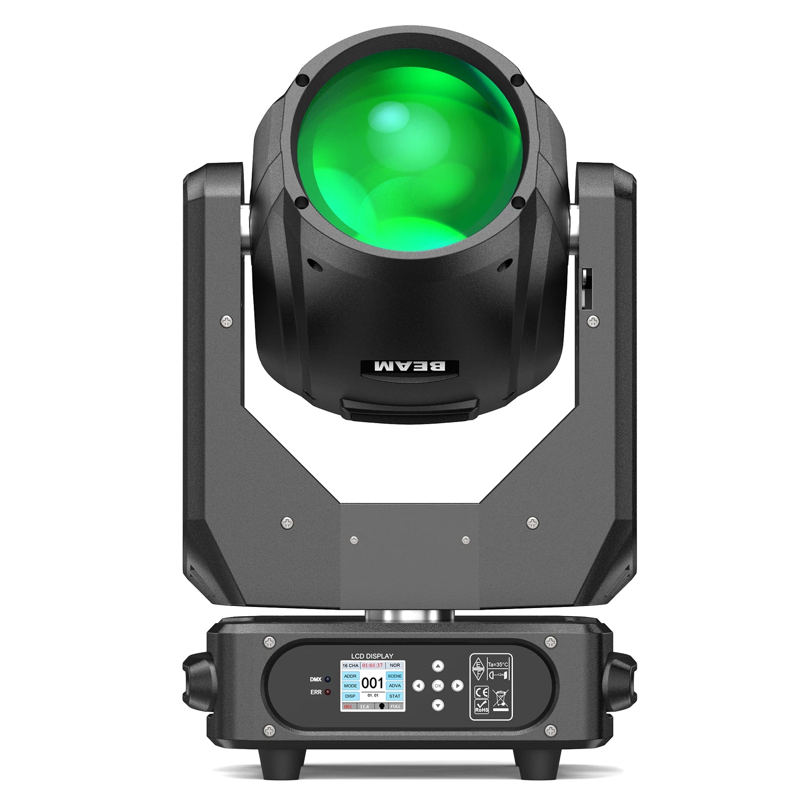 Black moving head stage light with green front lens and adjustable yoke