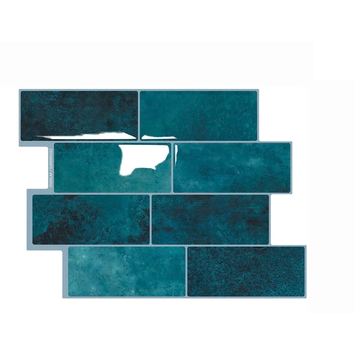 Peel-and-stick backsplash tiles set, teal-blue 3D rectangular bricks with angled beveled grout