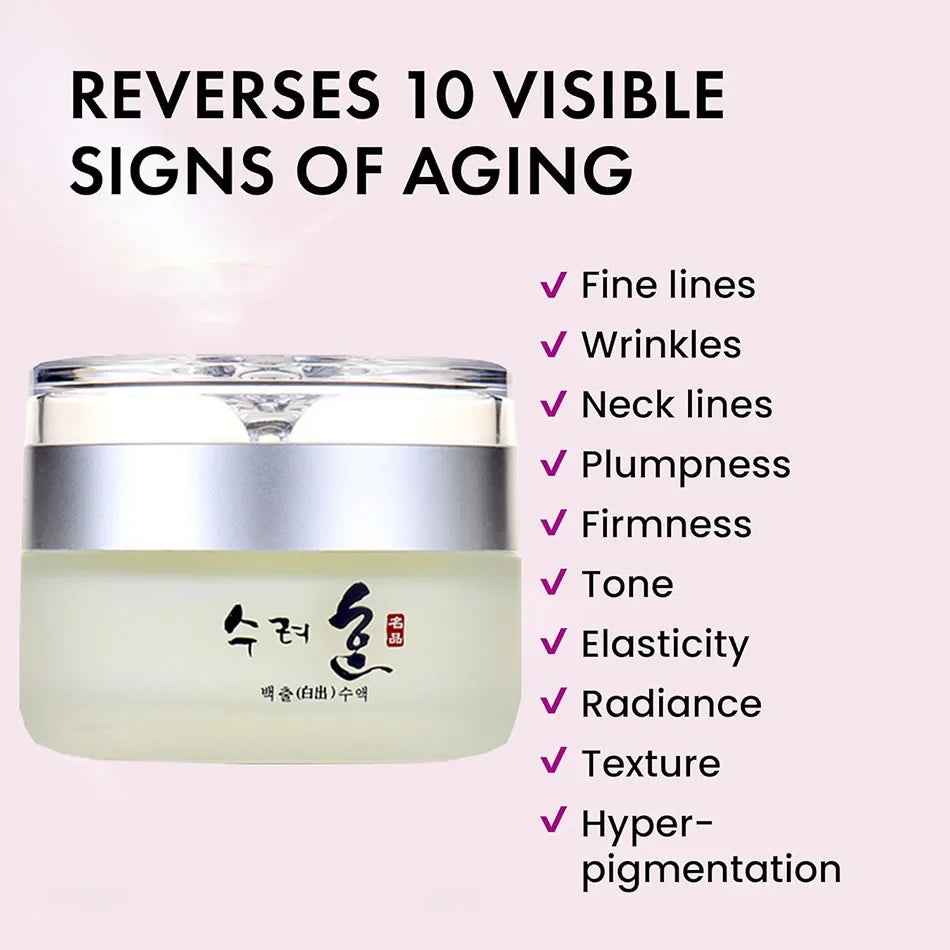 A 50g jar of anti-aging face cream with a silver lid and pale yellow contents, next to a list of skincare benefits.