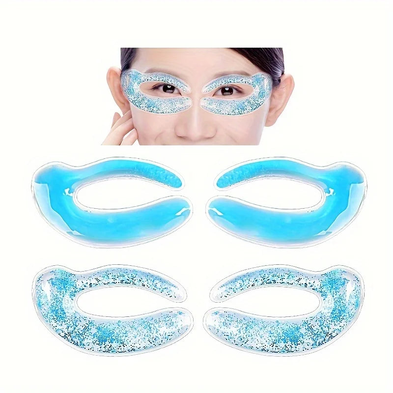 A woman wearing blue glittery, crescent-shaped gel eye patches, with two pairs of patches shown below on white.
