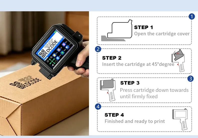 Handheld inkjet printer with touchscreen showing QR code, printing on cardboard