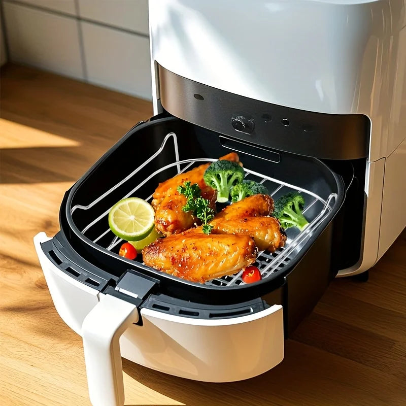 1 PC Air Fryer Rack with 4 Skewers, 1 Set Grill and Steam Rack. Suitable for baking and grilling in small ovens.