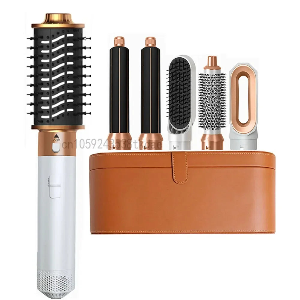 6-in-1 professional hair dryer brush set with rose gold accents, styling attachments, and a tan leather storage case.