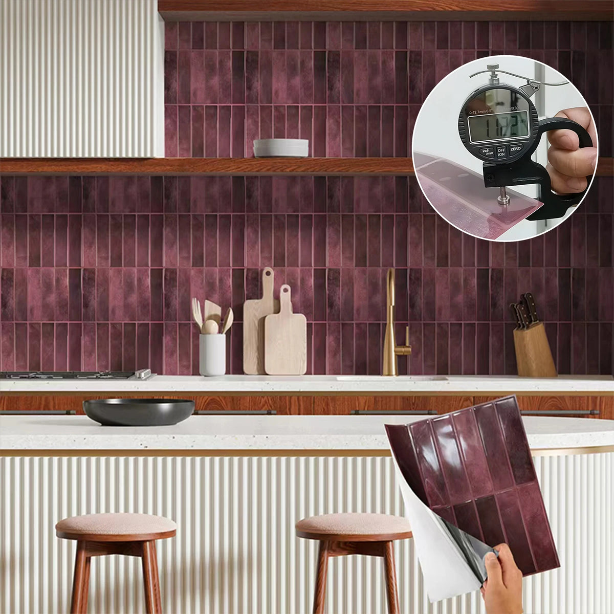 Self-adhesive tile backsplash sticker sheet, glossy burgundy square grid