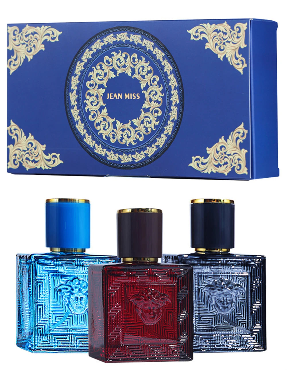 Jean Miss 3pc men's perfume gift set, 90ml square glass cologne bottles with gold caps, luxury long-lasting fragrance.