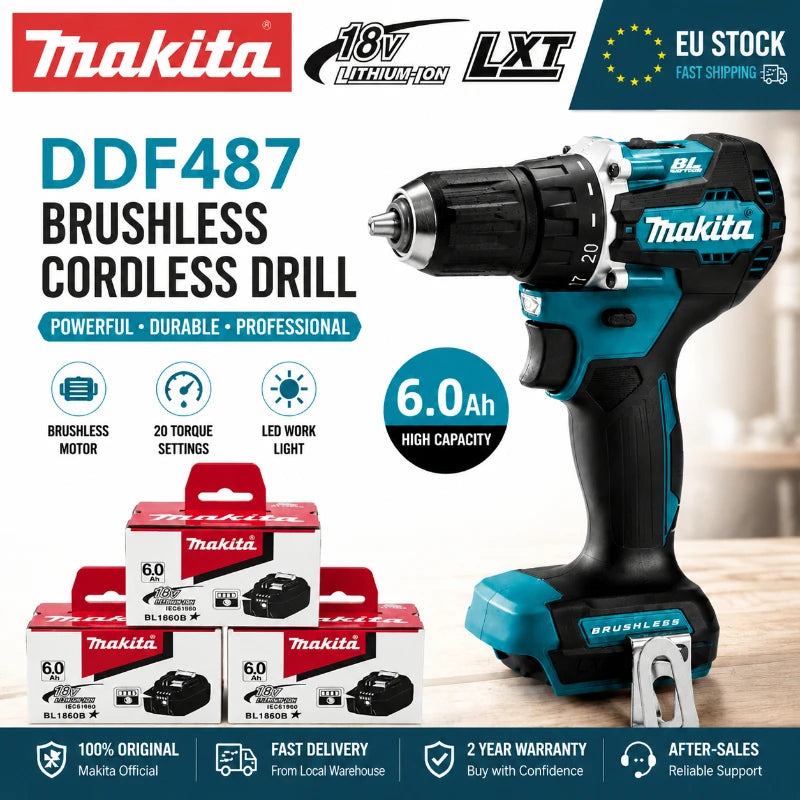 Original Makita 18V Cordless Drill Brushless High Torque Electric Drill DDF487 + Battery Pack BL1860B BL1840 DIY Professional Tool EU Fast Shipping
