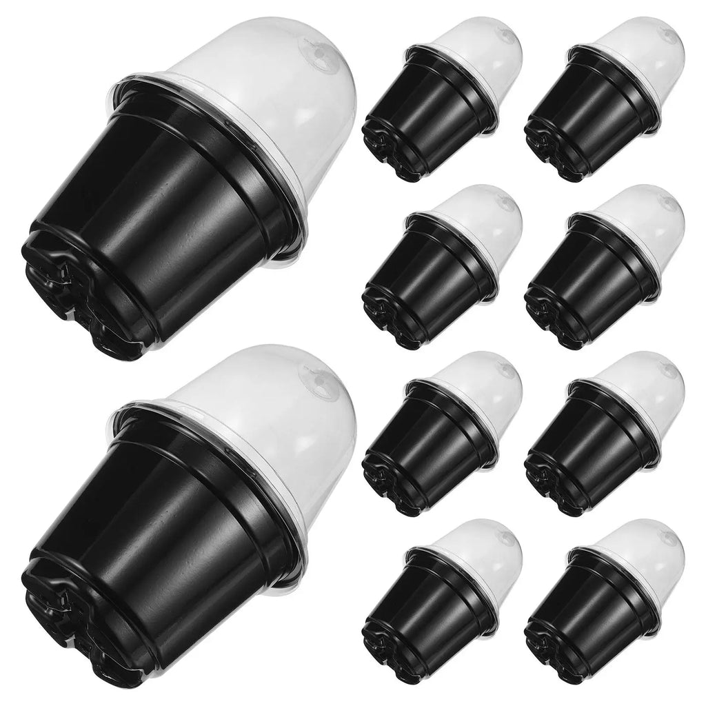 Set of black seed raising cups with clear dome lids, multiple in a grid