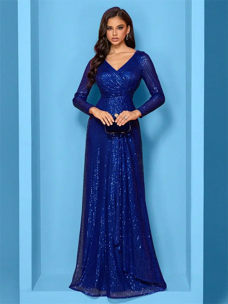 Luxury Floor Length V-Neck Evening Dresses 2025 Women Elegant Wedding Party Maxi Dress Sequins Long Sleeves Prom Cocktail Gowns