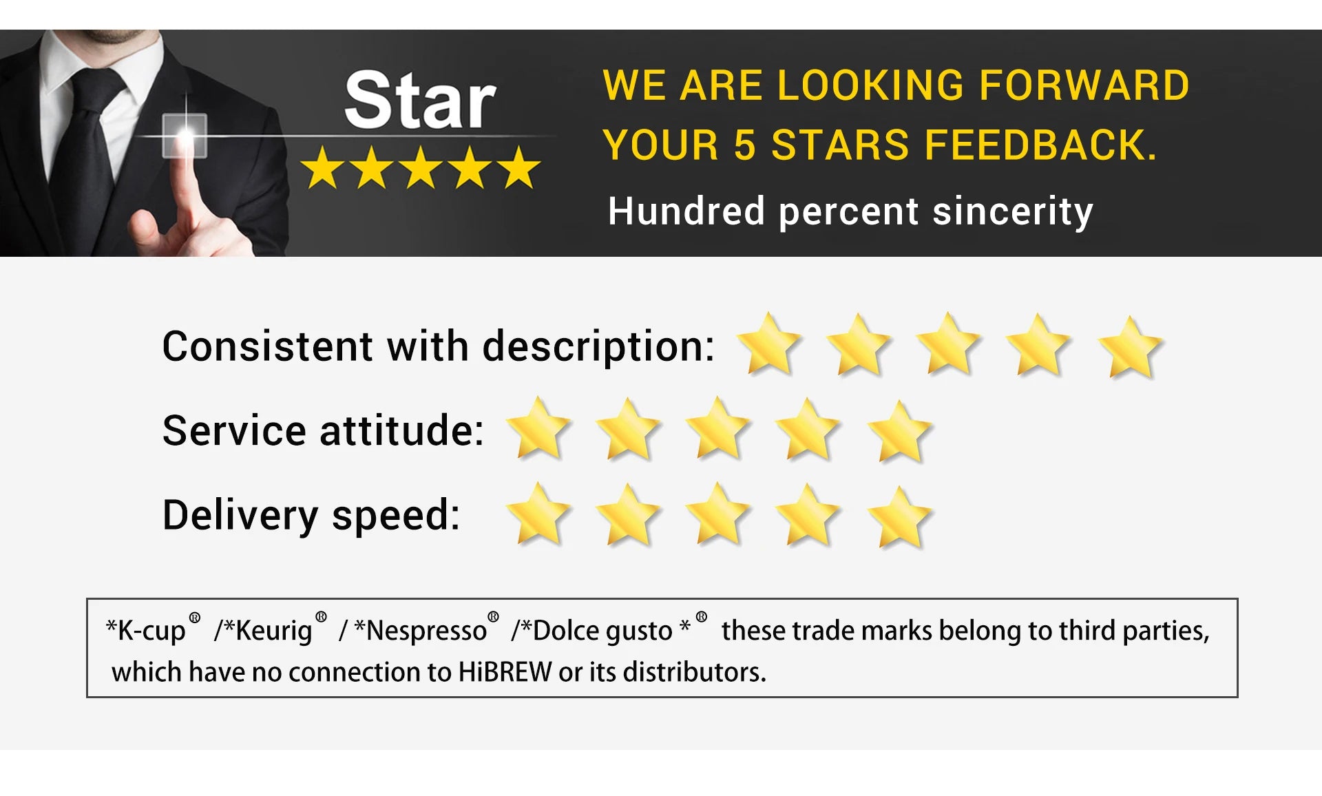 HiBREW 5-star feedback banner highlighting compatibility with Keurig, Nespresso, and Dolce Gusto coffee makers.