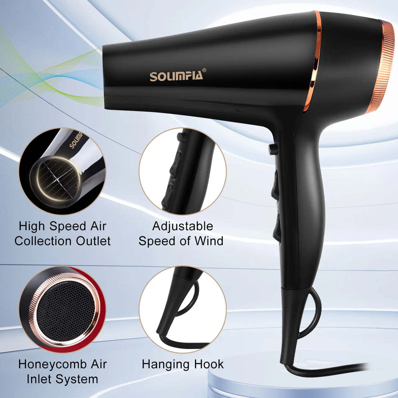 Black and rose gold professional hair dryer with 6-level speed, air collector, honeycomb inlet, and hanging hook.