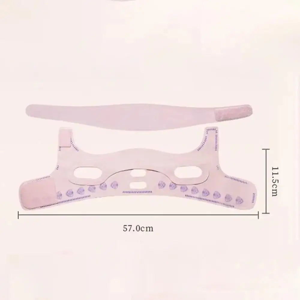Light pink, adjustable V-line face sculpting mask with ear holes and Velcro straps, shown with dimensions.