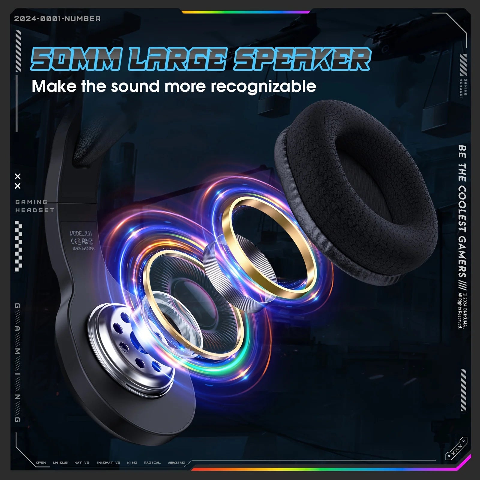 Tidesmit Gaming Headset with 50mm Drivers & RGB LED for PC PS5 Xbox Tidesmit
