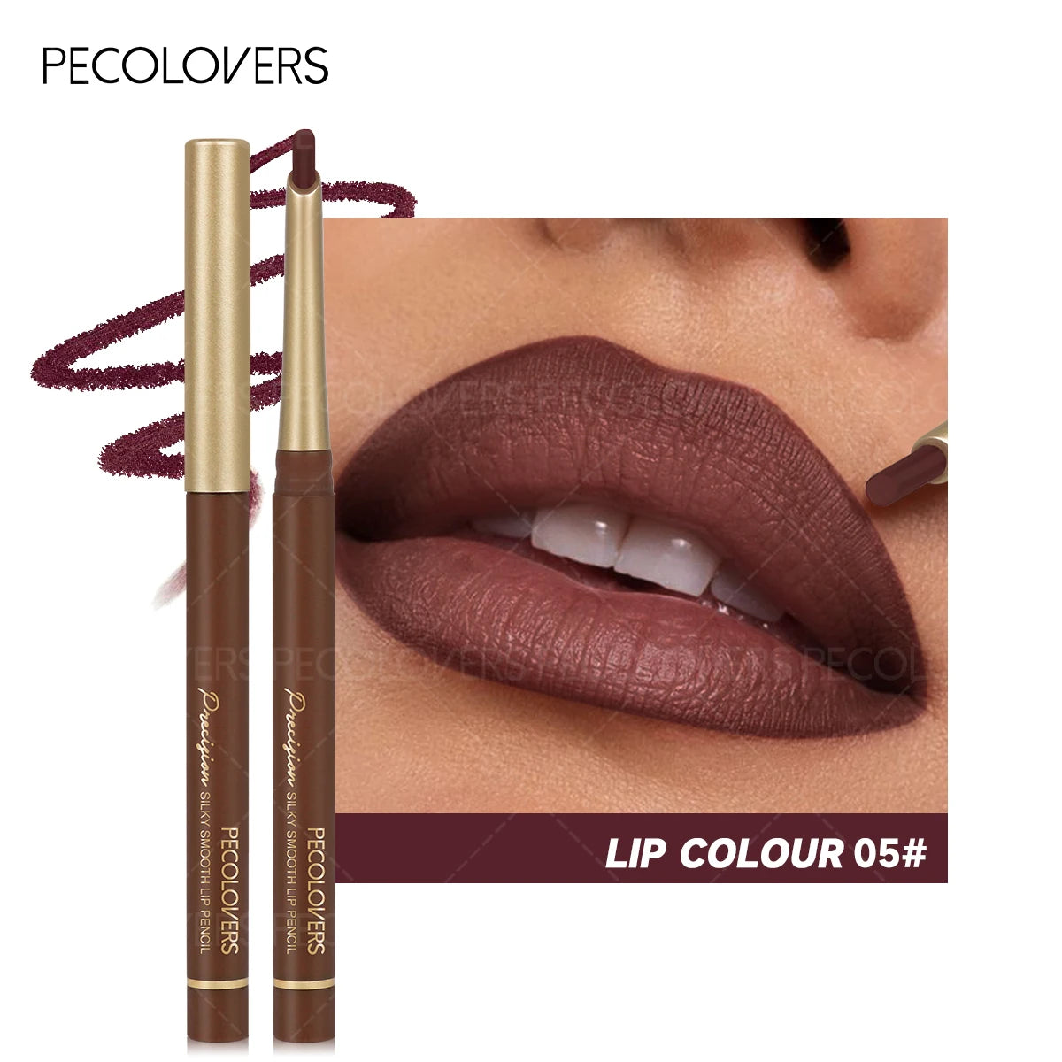 Waterproof matte lip liner pencil in dark brown shade 05, showing long-lasting, silky smooth application on lips.