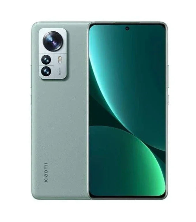 Xiaomi 12 Pro 5G green smartphone front and back view, 50MP triple camera system, 6.73-inch display, used condition.