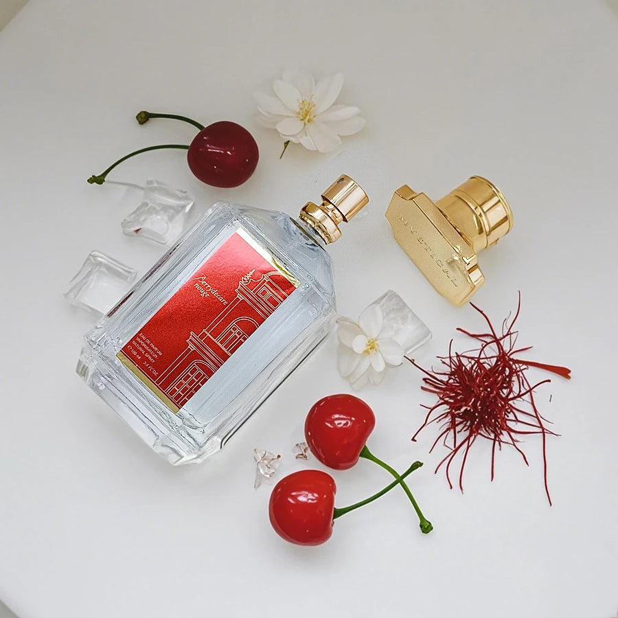 Berrydecare Rouge 100ml EDP for women. Oriental woody perfume, saffron notes, glass bottle, gold cap, cherry decor.