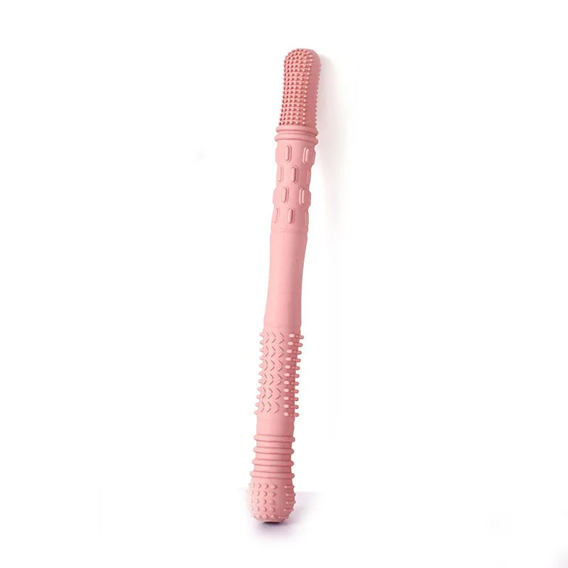 Pink silicone baby teething toy stick for soothing sore gums and teething relief.