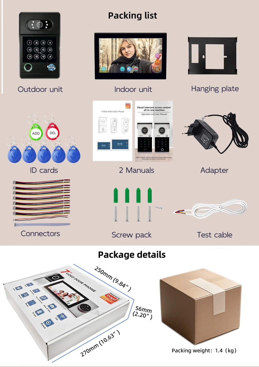 Tuya 7-inch smart video intercom doorbell system, with ID card and Wi-Fi connectivity, suitable for video intercom devices home