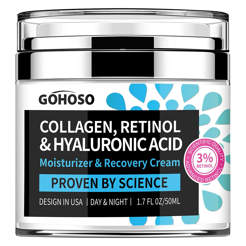 GOHOSO Collagen, Retinol, and Hyaluronic Acid face cream in a white 50ml jar with a black and blue label.