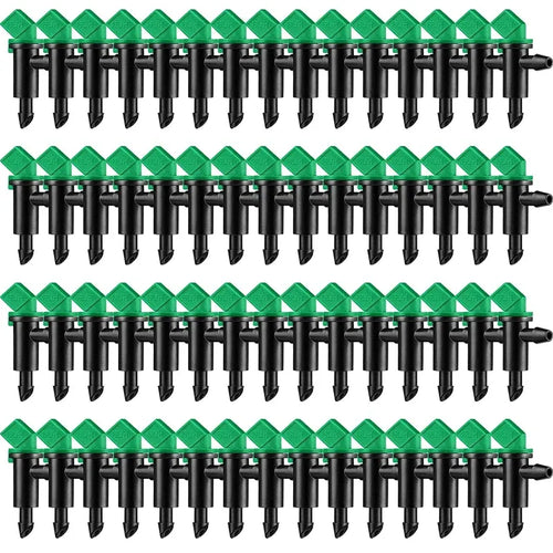 Set of green-and-black drip irrigation flag emitters with outlet tips for hoses