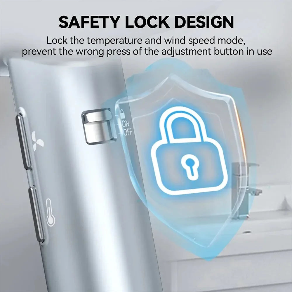 Silver high-speed hair dryer showing safety lock button to secure temperature and wind speed settings.