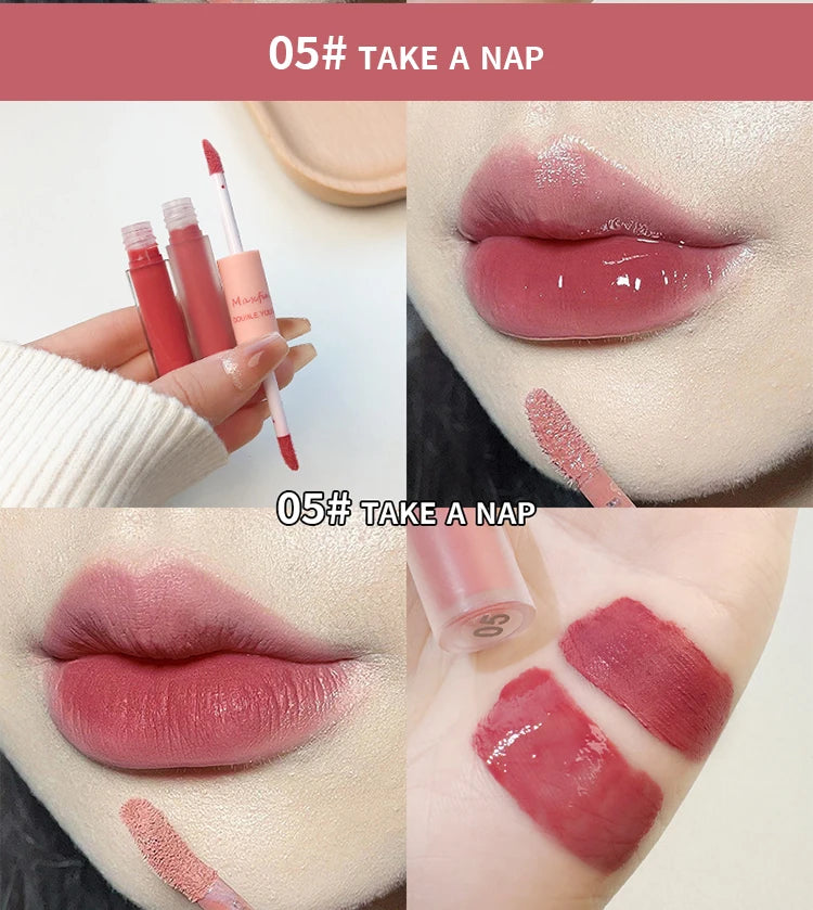 Double-headed lip gloss in 05 Take a Nap: dual-ended matte velvet and shiny mirror finish waterproof rose lip makeup.