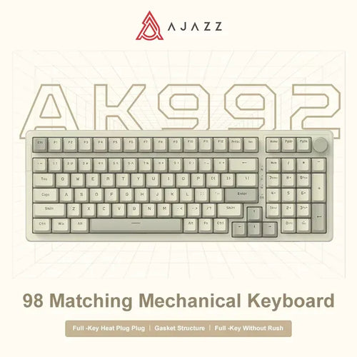 Ajazz AK992 beige 98-key mechanical keyboard with a dedicated multimedia volume knob and compact layout.