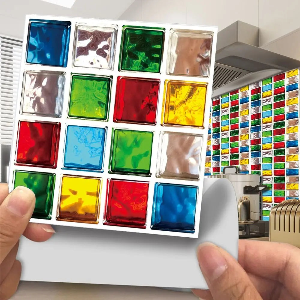 Self-adhesive 3D mosaic tile sticker set, colorful glossy square tiles on a backing sheet