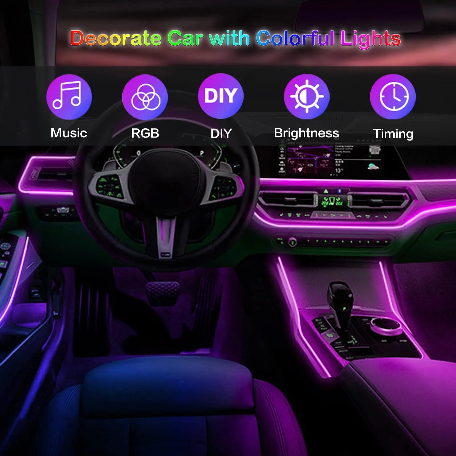 LED Car Interior Ambient Lighting Kit with RGB Smartphone Control Tidesmit