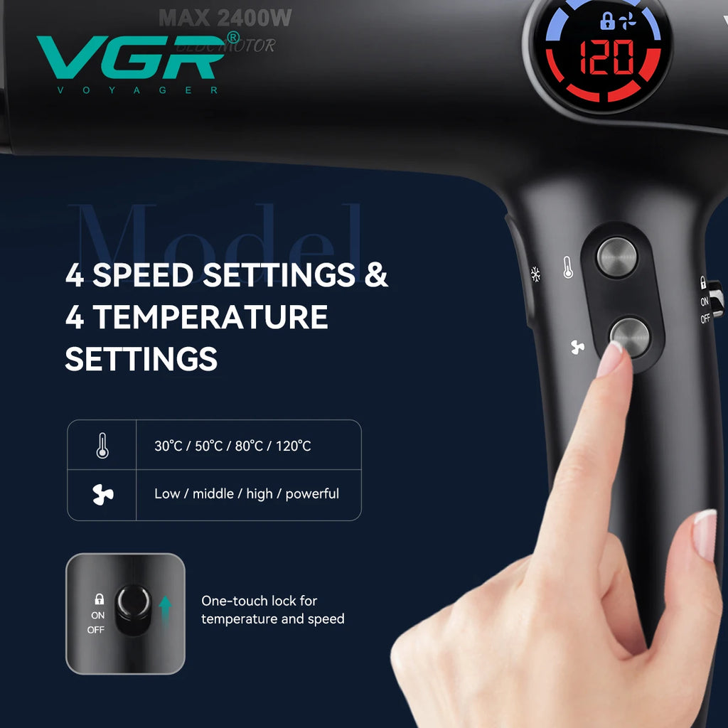 VGR V-469 professional hair dryer in black with LED display, 4 speed/temp settings, and one-touch lock button.